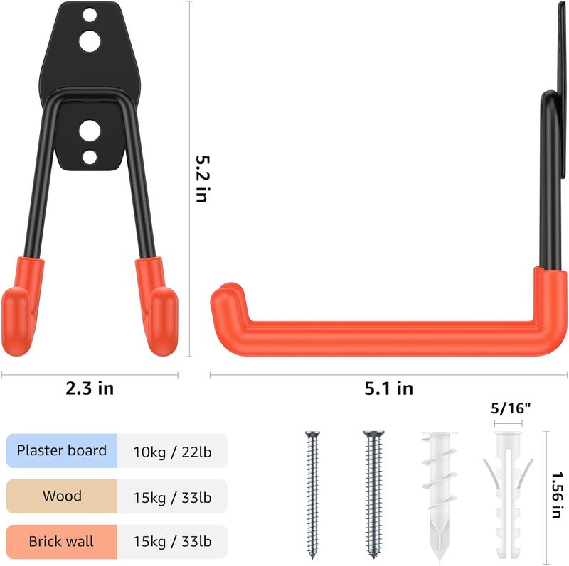 Cpais Garage Hooks with Anti-Slip Coating,Heavy Duty Wall Mount Storage Hooks for Hanging Bike,Hose,Ladder,Yard,Garden Tools (4 Pack Orange 5.2x5.1 Inch) - Image 2